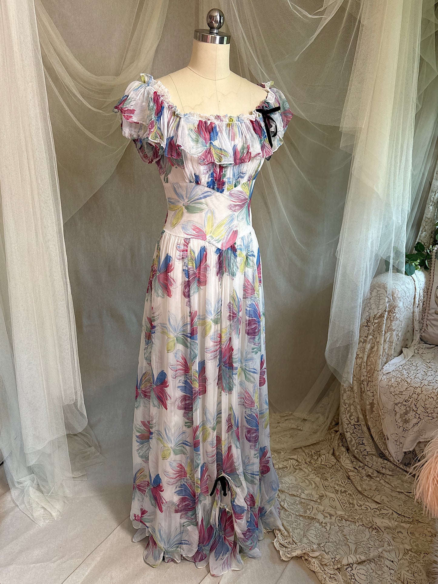 Vintage 1940's Maxi Dress - Sheer White Rayon Chiffon with Bold Floral Print | XS