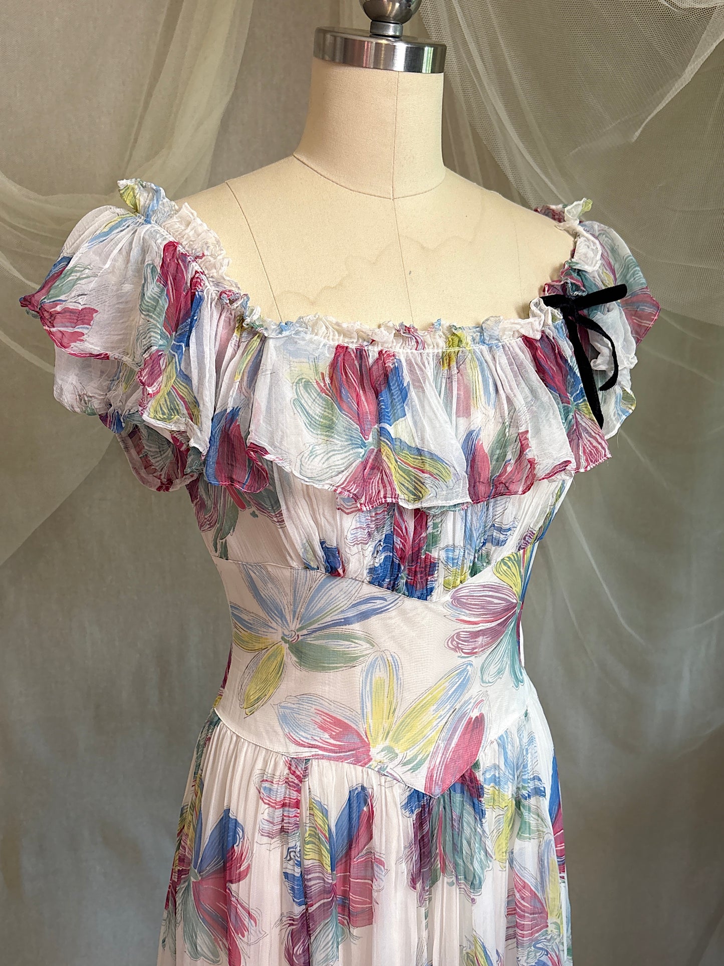 Vintage 1940's Maxi Dress - Sheer White Rayon Chiffon with Bold Floral Print | XS