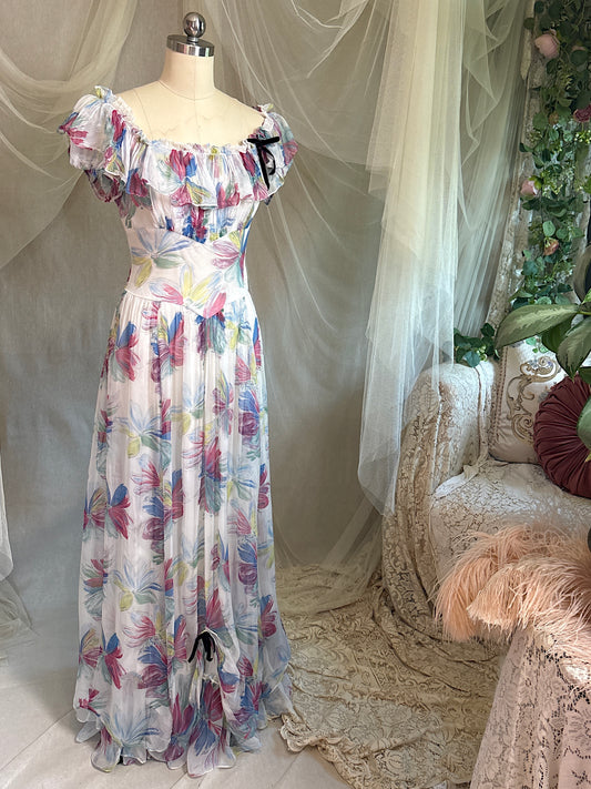 Vintage 1940's Maxi Dress - Sheer White Rayon Chiffon with Bold Floral Print | XS