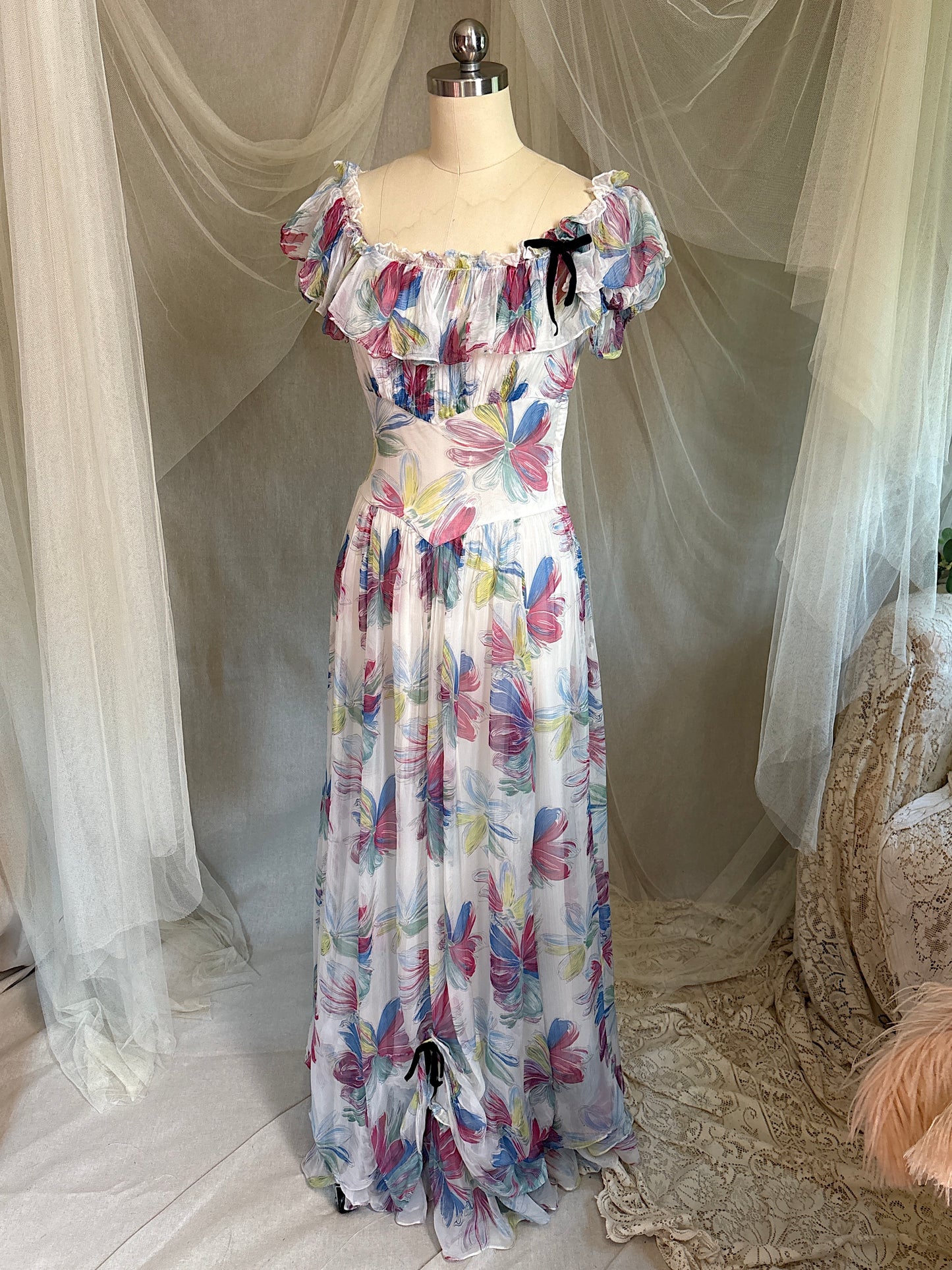 Vintage 1940's Maxi Dress - Sheer White Rayon Chiffon with Bold Floral Print | XS