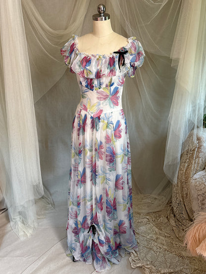 Vintage 1940's Maxi Dress - Sheer White Rayon Chiffon with Bold Floral Print | XS