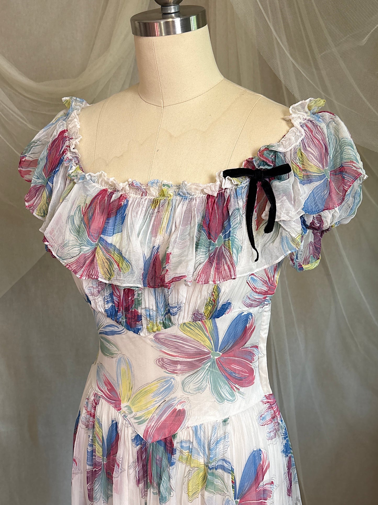 Vintage 1940's Maxi Dress - Sheer White Rayon Chiffon with Bold Floral Print | XS