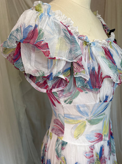 Vintage 1940's Maxi Dress - Sheer White Rayon Chiffon with Bold Floral Print | XS