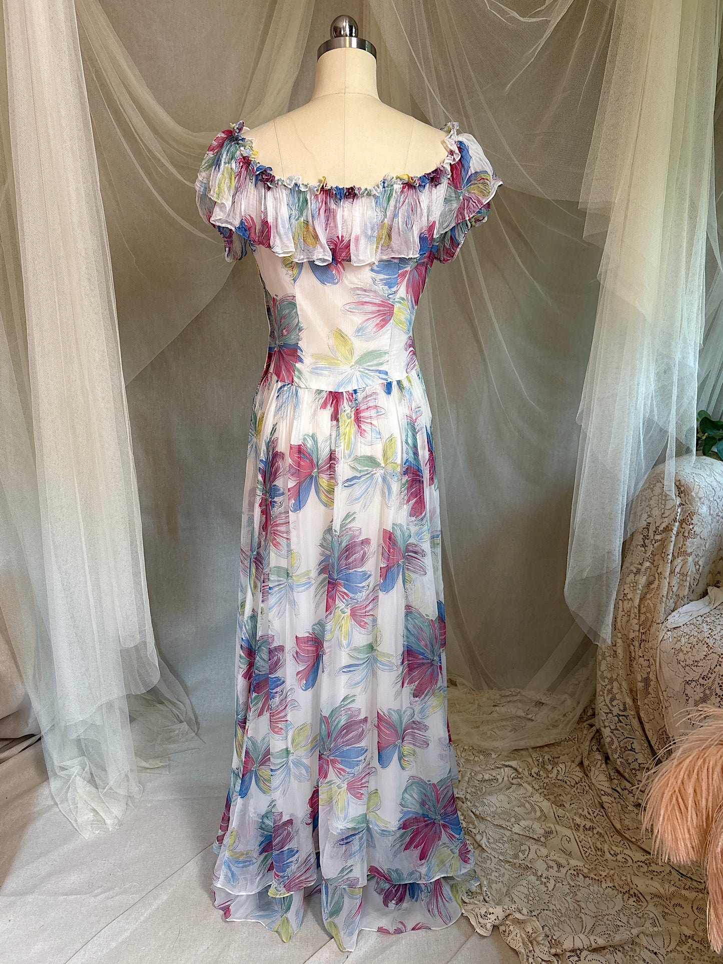 Vintage 1940's Maxi Dress - Sheer White Rayon Chiffon with Bold Floral Print | XS