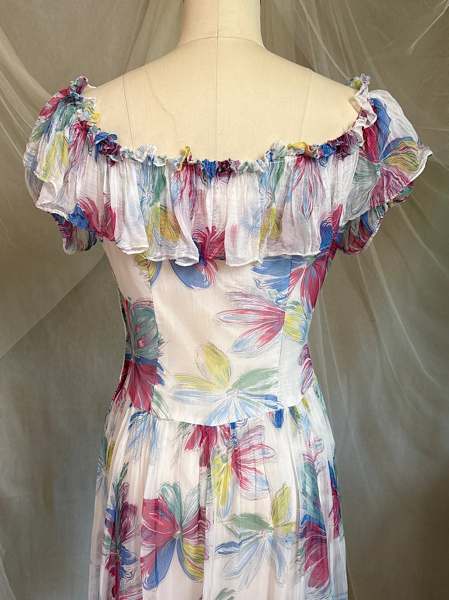 Vintage 1940's Maxi Dress - Sheer White Rayon Chiffon with Bold Floral Print | XS