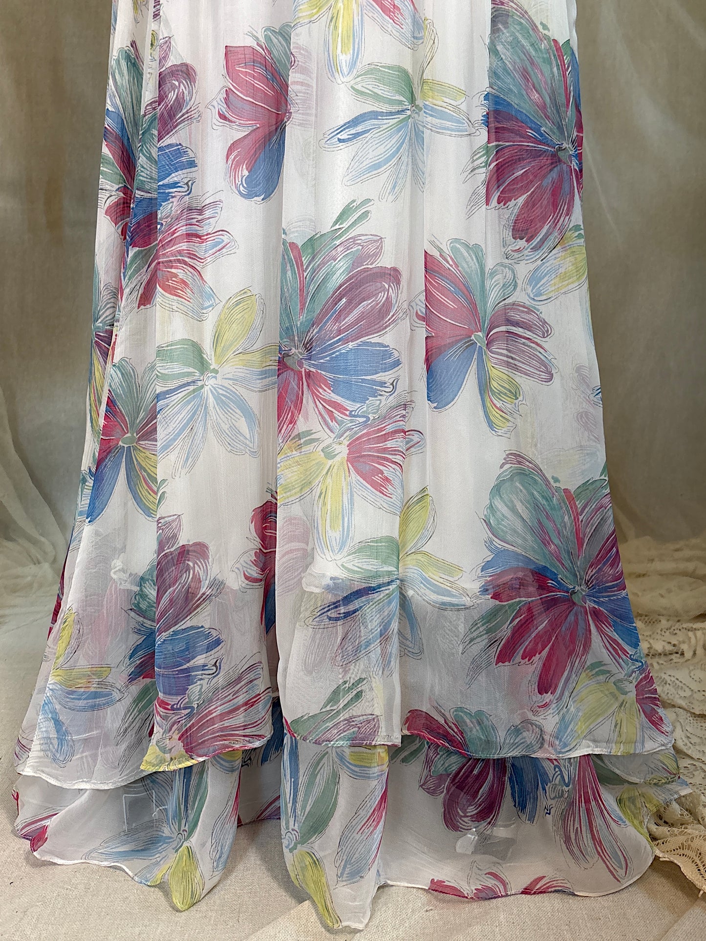 Vintage 1940's Maxi Dress - Sheer White Rayon Chiffon with Bold Floral Print | XS