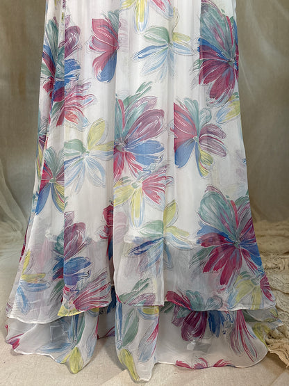 Vintage 1940's Maxi Dress - Sheer White Rayon Chiffon with Bold Floral Print | XS