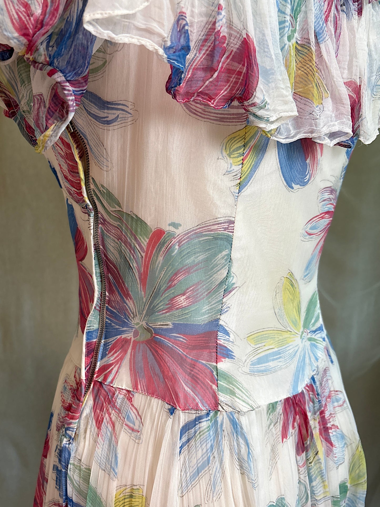 Vintage 1940's Maxi Dress - Sheer White Rayon Chiffon with Bold Floral Print | XS