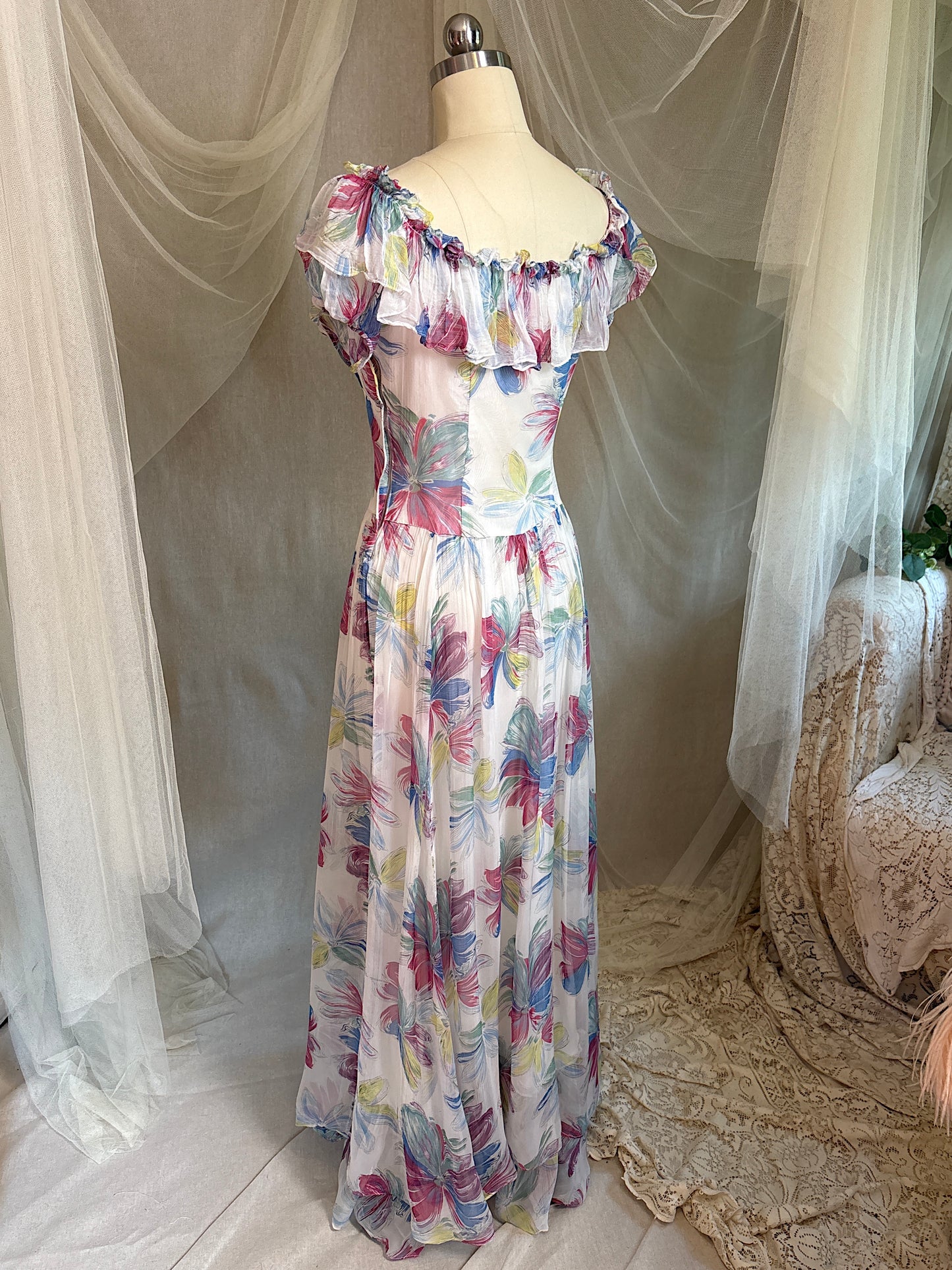 Vintage 1940's Maxi Dress - Sheer White Rayon Chiffon with Bold Floral Print | XS