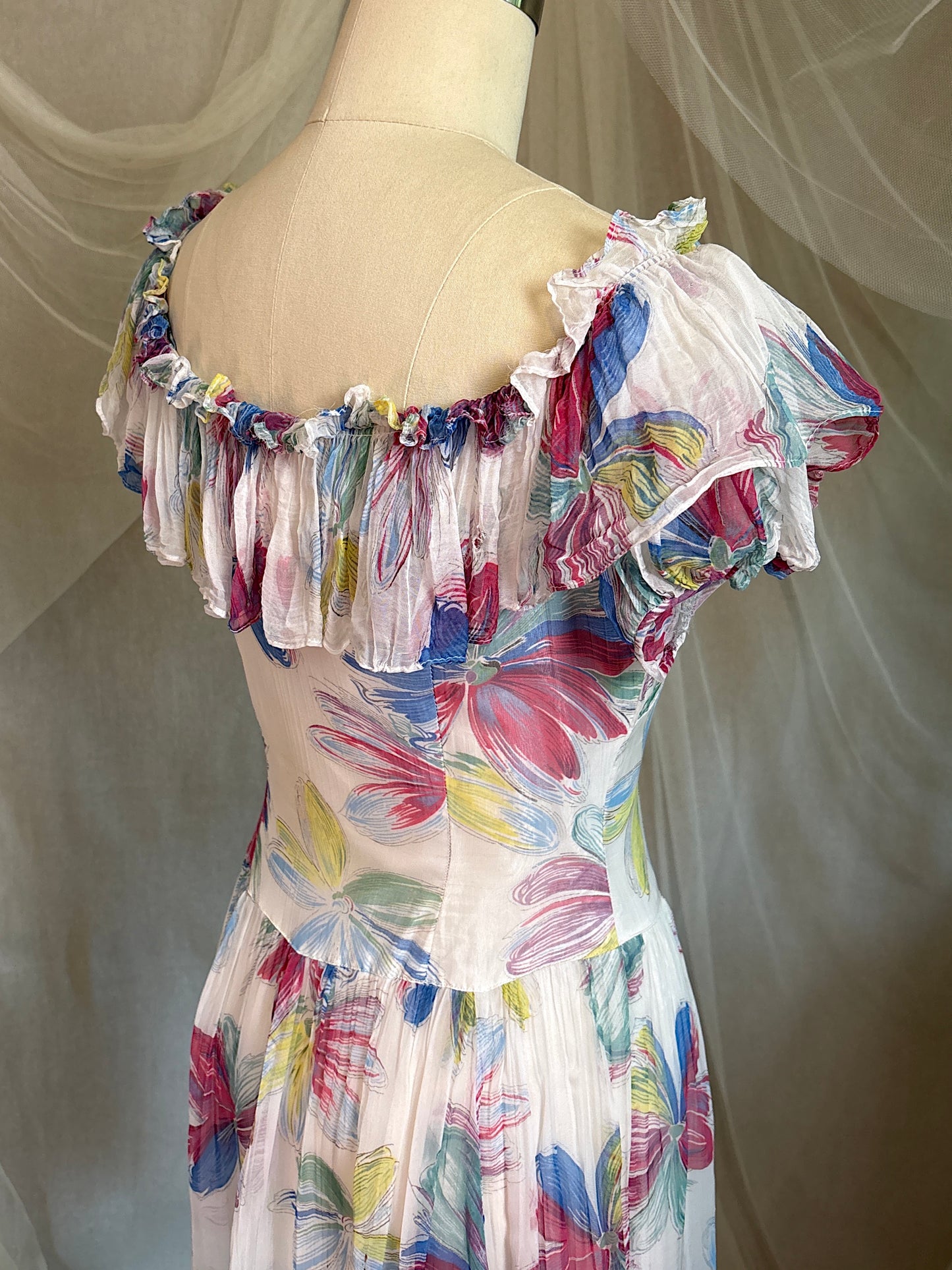 Vintage 1940's Maxi Dress - Sheer White Rayon Chiffon with Bold Floral Print | XS