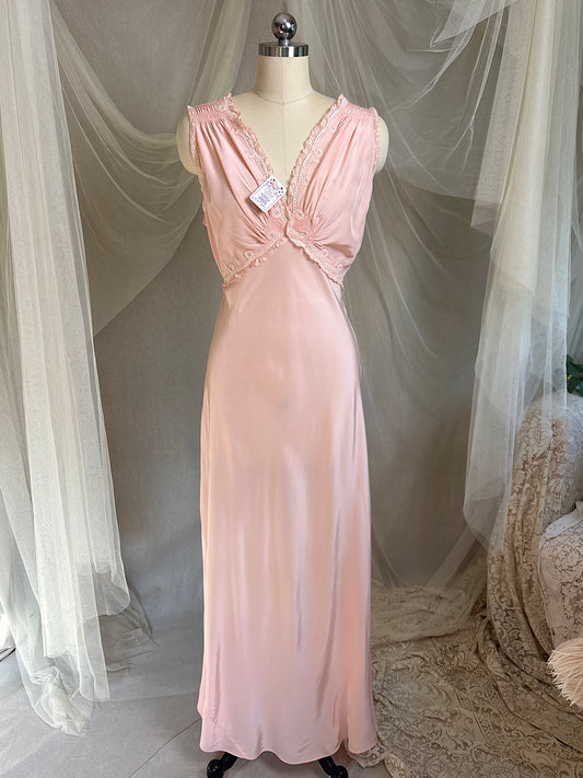 Vintage 1940's Nightgown - Rose Blush Pink Rayon Crepe De Chine with Corded Embroidery by Tru-Form, New with Tags | M