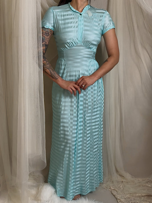 Vintage 1930's Nightgown - Blue Water Rayon Jersey Knit with Satin Stripes by Van Raalte, New with Tags | XS, S