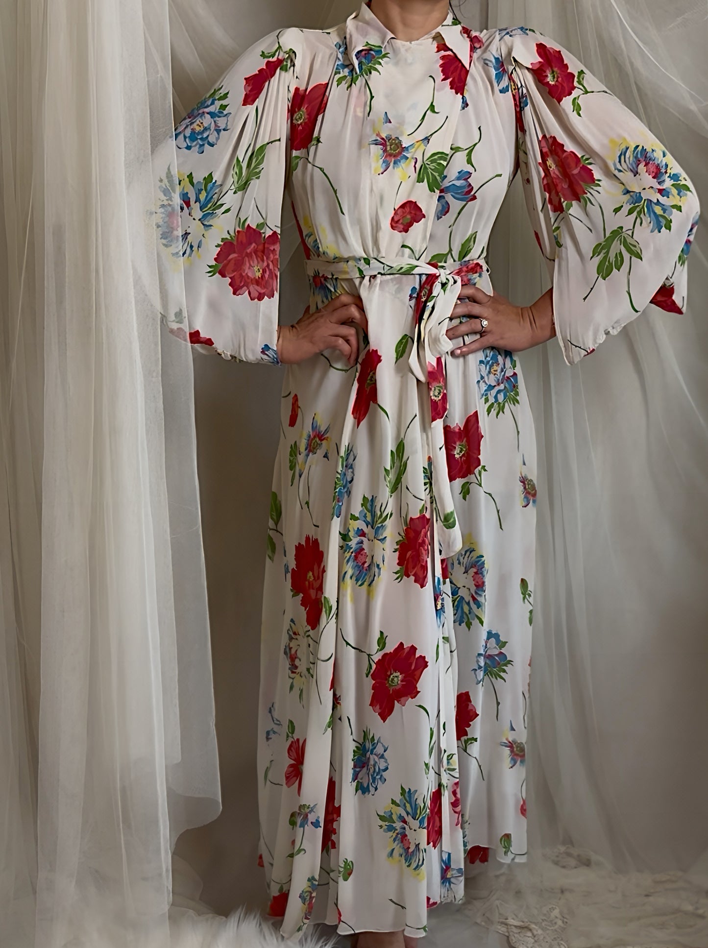 Vintage 1930's - 1940's Robe - Semi Sheer White Rayon Crepe with Bold Floral Print & Kimono Style Sleeves | XS, S, M