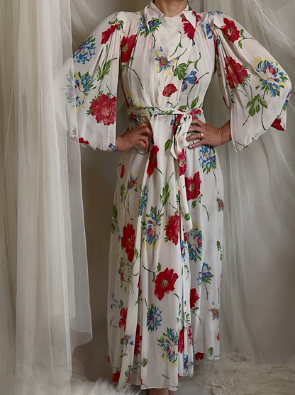 Vintage 1930's - 1940's Robe - Semi Sheer White Rayon Crepe with Bold Floral Print & Kimono Style Sleeves | XS, S, M