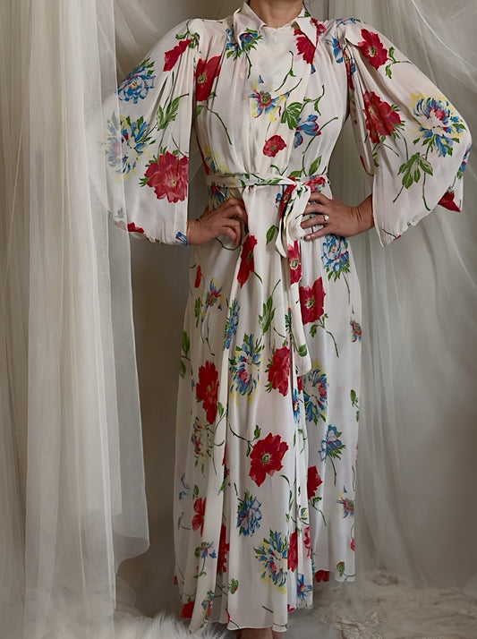 Vintage 1930's - 1940's Robe - Semi Sheer White Rayon Crepe with Bold Floral Print & Kimono Style Sleeves | XS, S, M