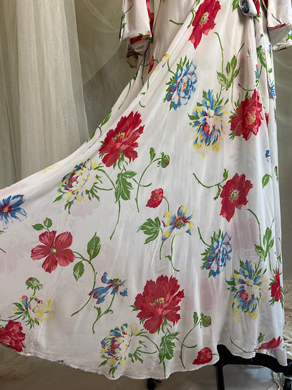 Vintage 1930's - 1940's Robe - Semi Sheer White Rayon Crepe with Bold Floral Print & Kimono Style Sleeves | XS, S, M