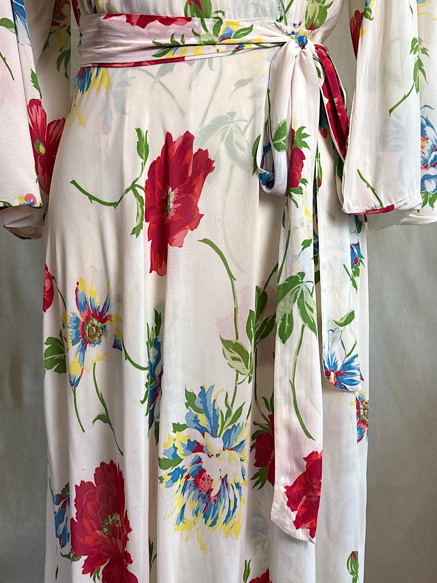 Vintage 1930's - 1940's Robe - Semi Sheer White Rayon Crepe with Bold Floral Print & Kimono Style Sleeves | XS, S, M