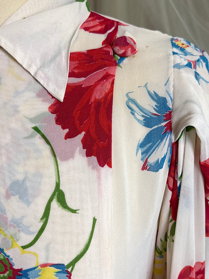 Vintage 1930's - 1940's Robe - Semi Sheer White Rayon Crepe with Bold Floral Print & Kimono Style Sleeves | XS, S, M