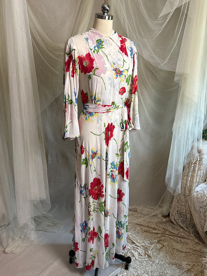 Vintage 1930's - 1940's Robe - Semi Sheer White Rayon Crepe with Bold Floral Print & Kimono Style Sleeves | XS, S, M