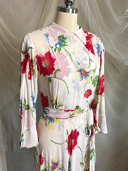 Vintage 1930's - 1940's Robe - Semi Sheer White Rayon Crepe with Bold Floral Print & Kimono Style Sleeves | XS, S, M