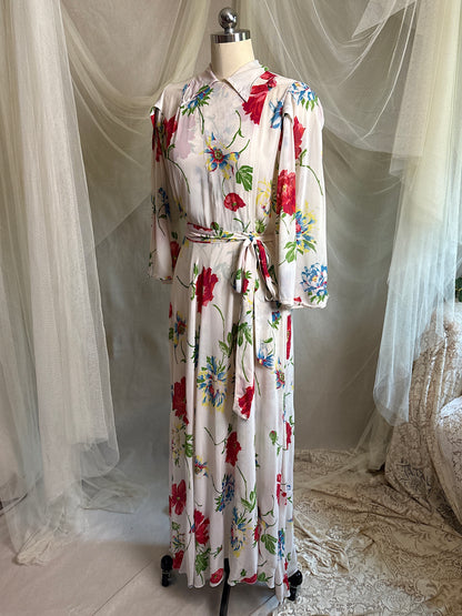 Vintage 1930's - 1940's Robe - Semi Sheer White Rayon Crepe with Bold Floral Print & Kimono Style Sleeves | XS, S, M