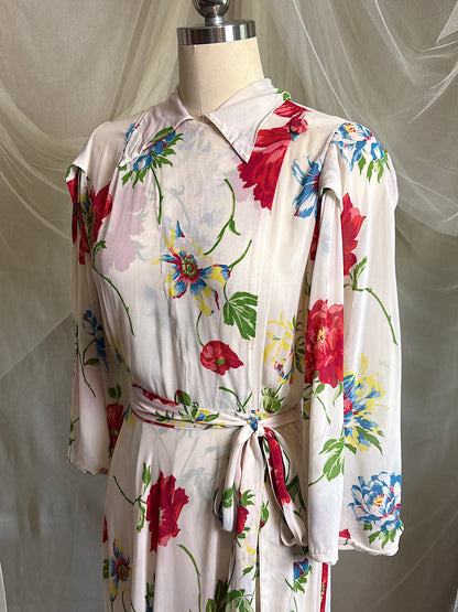 Vintage 1930's - 1940's Robe - Semi Sheer White Rayon Crepe with Bold Floral Print & Kimono Style Sleeves | XS, S, M