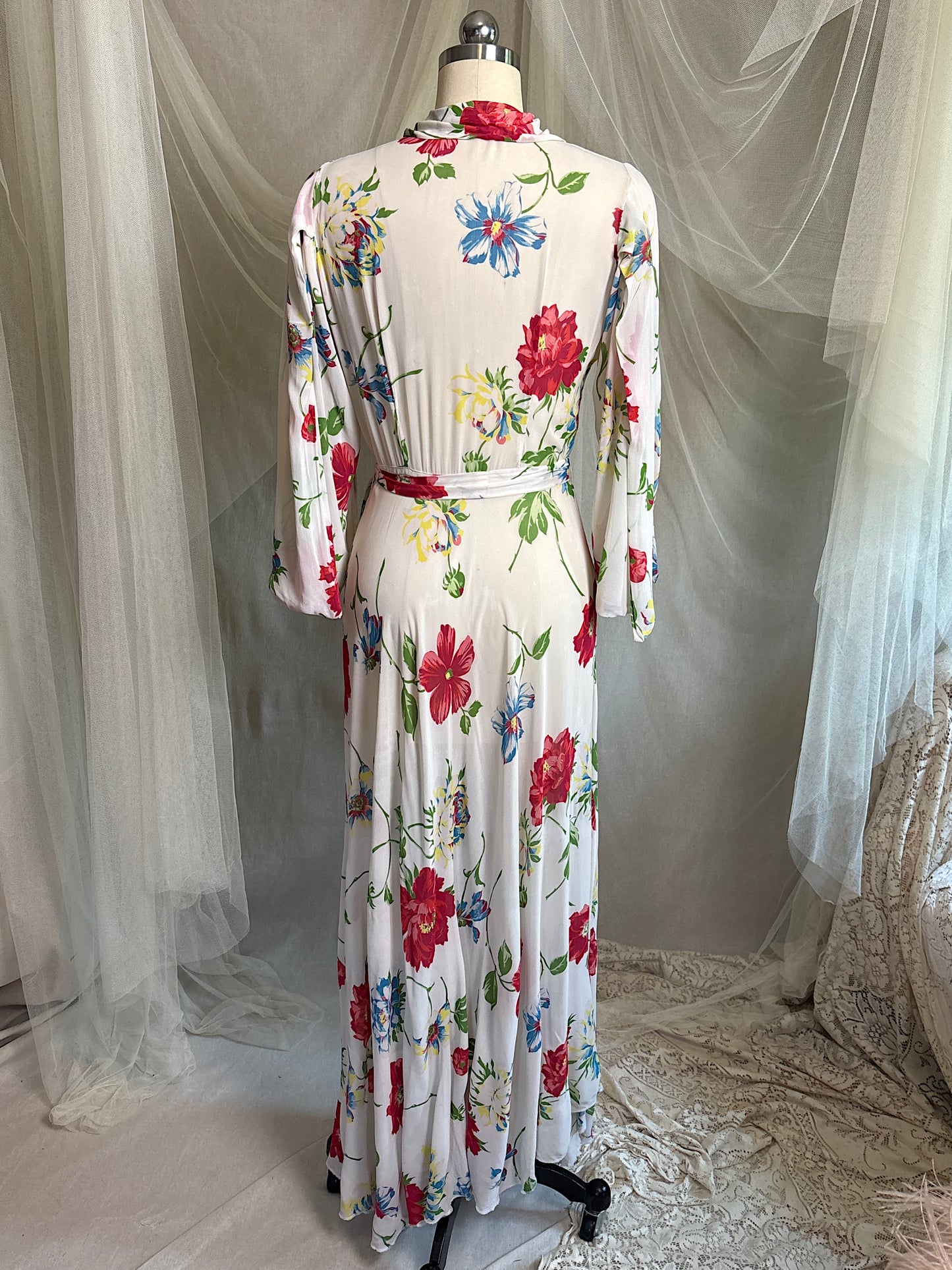 Vintage 1930's - 1940's Robe - Semi Sheer White Rayon Crepe with Bold Floral Print & Kimono Style Sleeves | XS, S, M