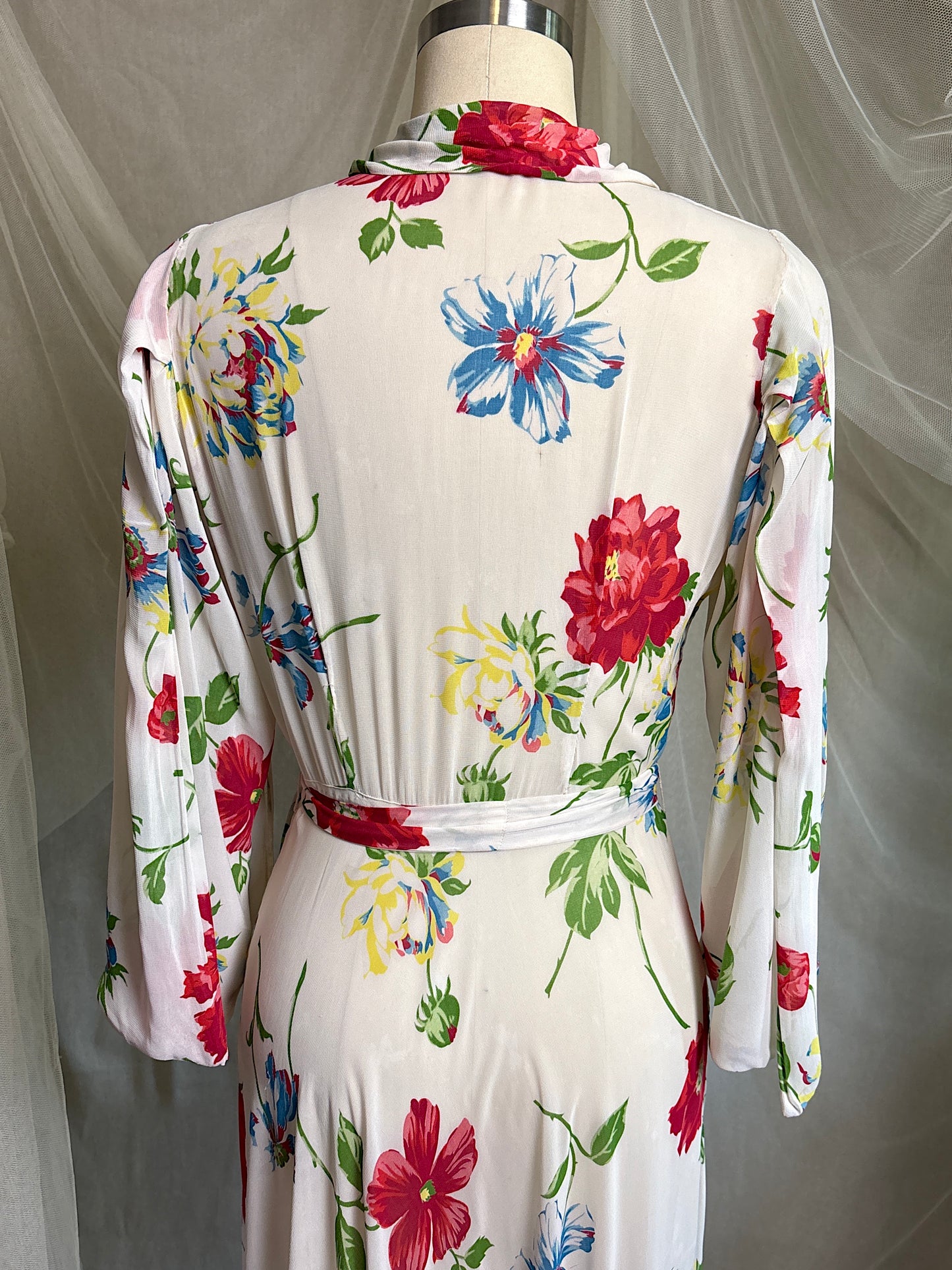 Vintage 1930's - 1940's Robe - Semi Sheer White Rayon Crepe with Bold Floral Print & Kimono Style Sleeves | XS, S, M