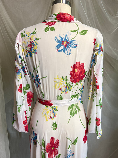Vintage 1930's - 1940's Robe - Semi Sheer White Rayon Crepe with Bold Floral Print & Kimono Style Sleeves | XS, S, M