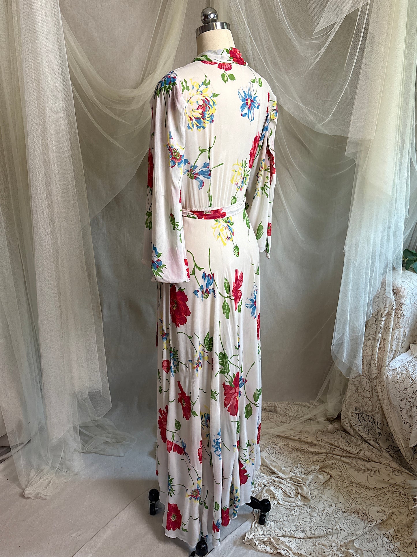 Vintage 1930's - 1940's Robe - Semi Sheer White Rayon Crepe with Bold Floral Print & Kimono Style Sleeves | XS, S, M