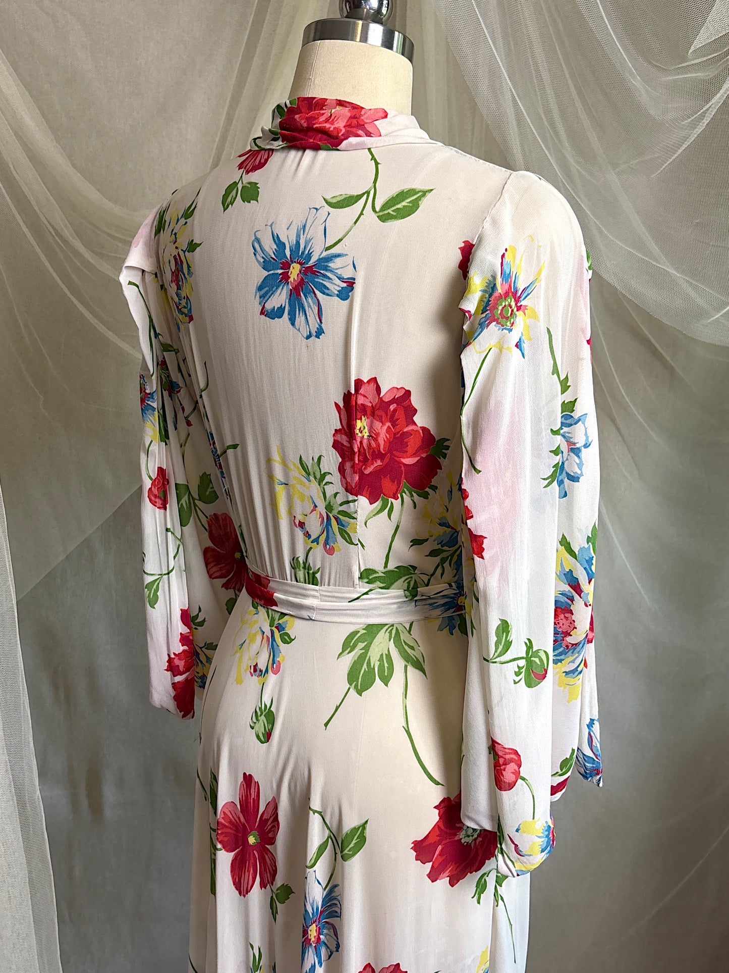 Vintage 1930's - 1940's Robe - Semi Sheer White Rayon Crepe with Bold Floral Print & Kimono Style Sleeves | XS, S, M