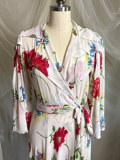 Vintage 1930's - 1940's Robe - Semi Sheer White Rayon Crepe with Bold Floral Print & Kimono Style Sleeves | XS, S, M