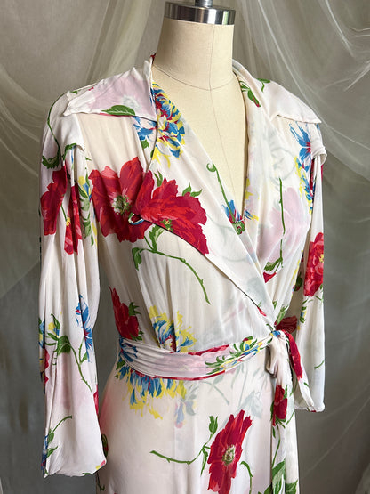 Vintage 1930's - 1940's Robe - Semi Sheer White Rayon Crepe with Bold Floral Print & Kimono Style Sleeves | XS, S, M