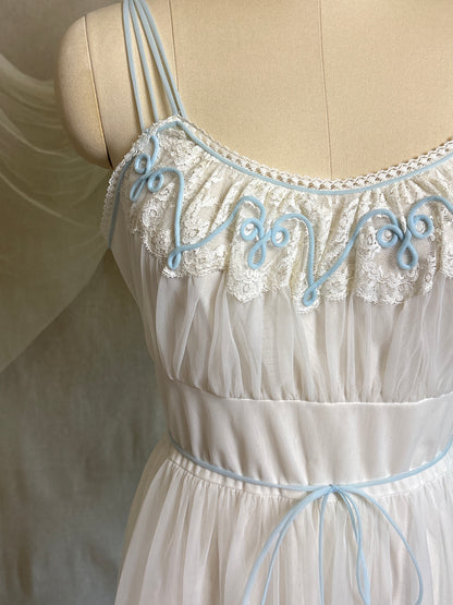 Vintage 1950's - 1960's Babydoll Nightgown - Sheer White Nylon Chiffon with Baby Blue Piping by Gotham | S, M