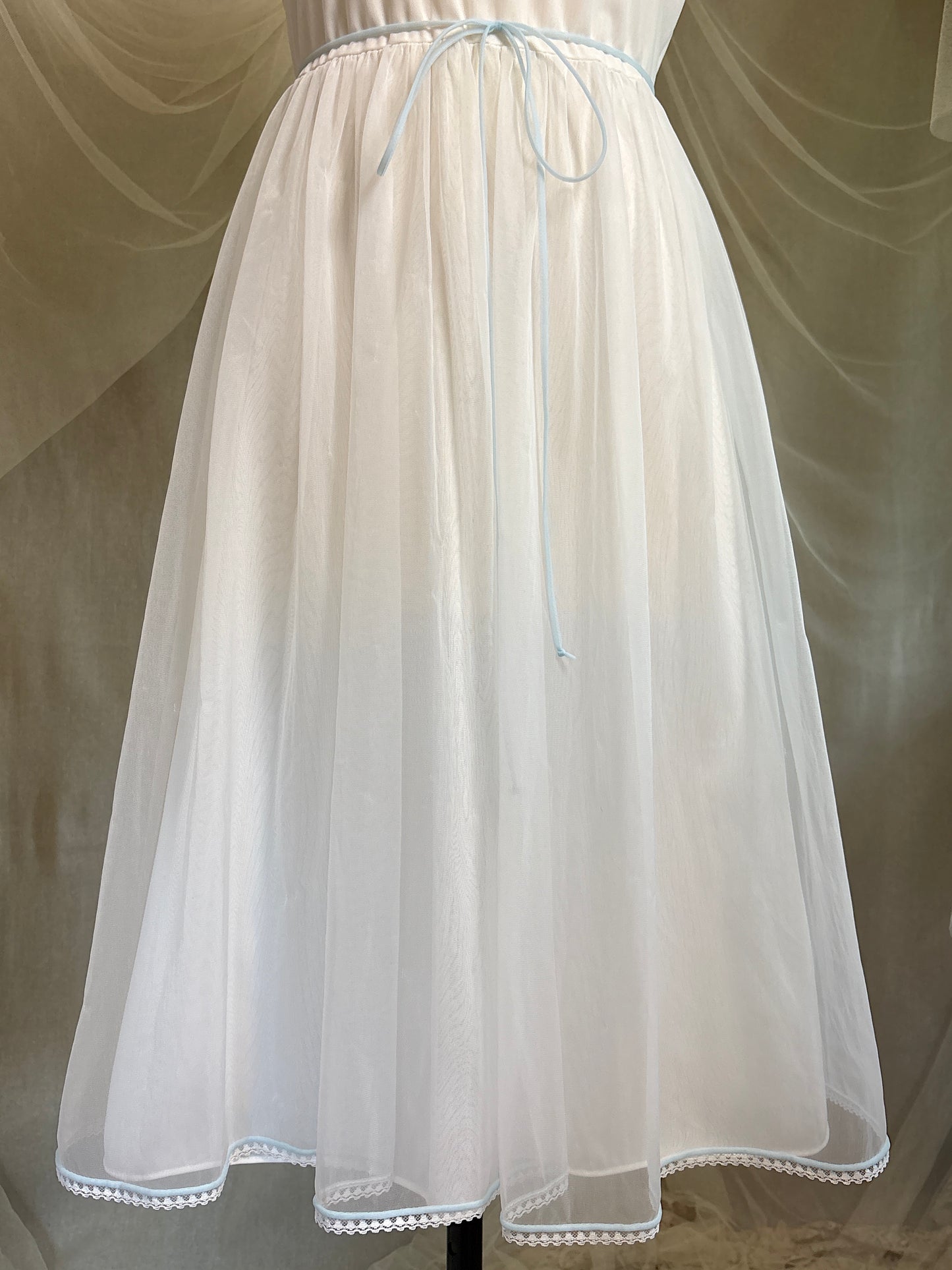 Vintage 1950's - 1960's Babydoll Nightgown - Sheer White Nylon Chiffon with Baby Blue Piping by Gotham | S, M
