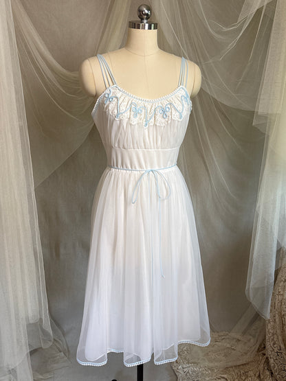 Vintage 1950's - 1960's Babydoll Nightgown - Sheer White Nylon Chiffon with Baby Blue Piping by Gotham | S, M