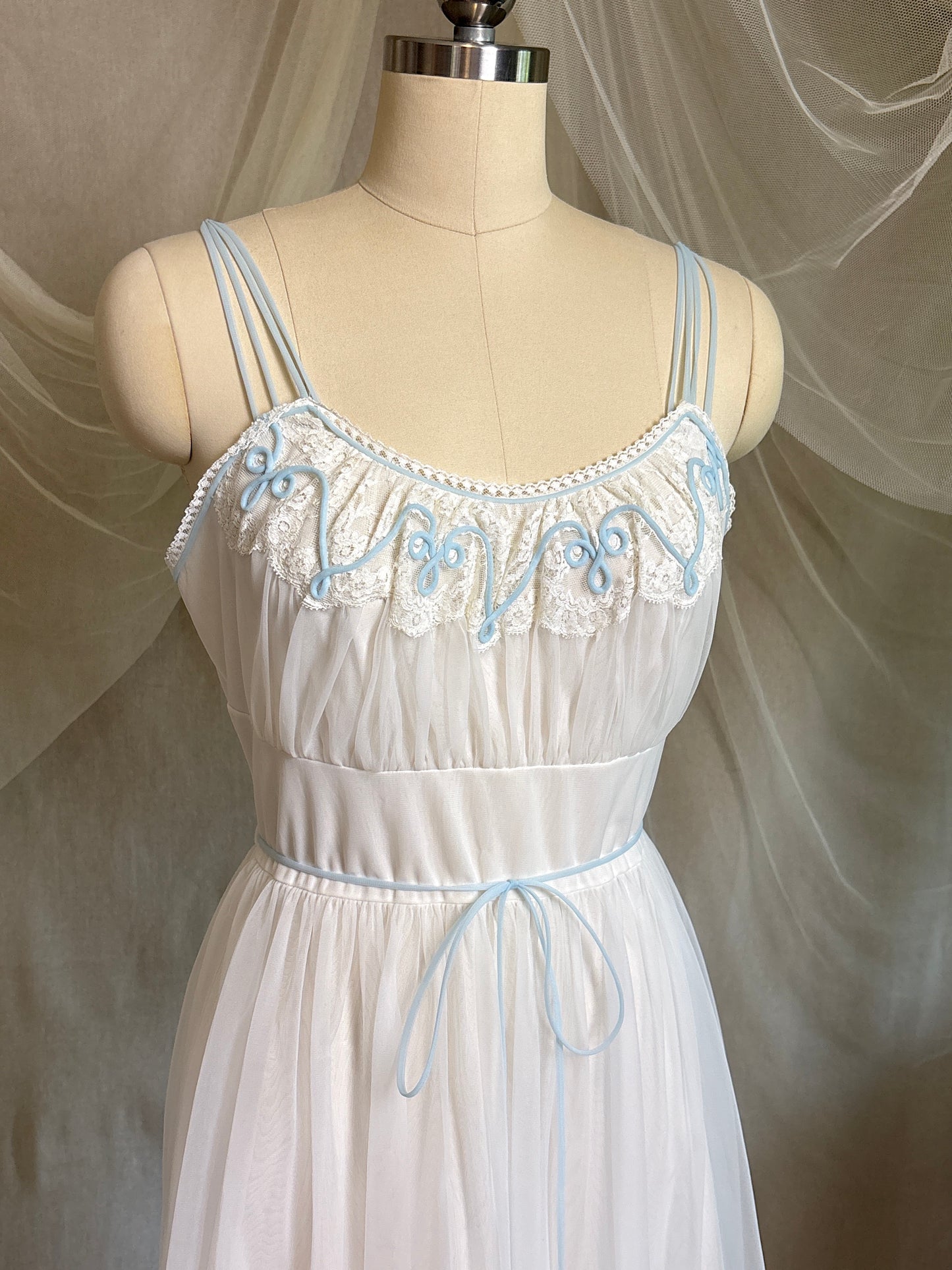 Vintage 1950's - 1960's Babydoll Nightgown - Sheer White Nylon Chiffon with Baby Blue Piping by Gotham | S, M