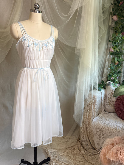 Vintage 1950's - 1960's Babydoll Nightgown - Sheer White Nylon Chiffon with Baby Blue Piping by Gotham | S, M
