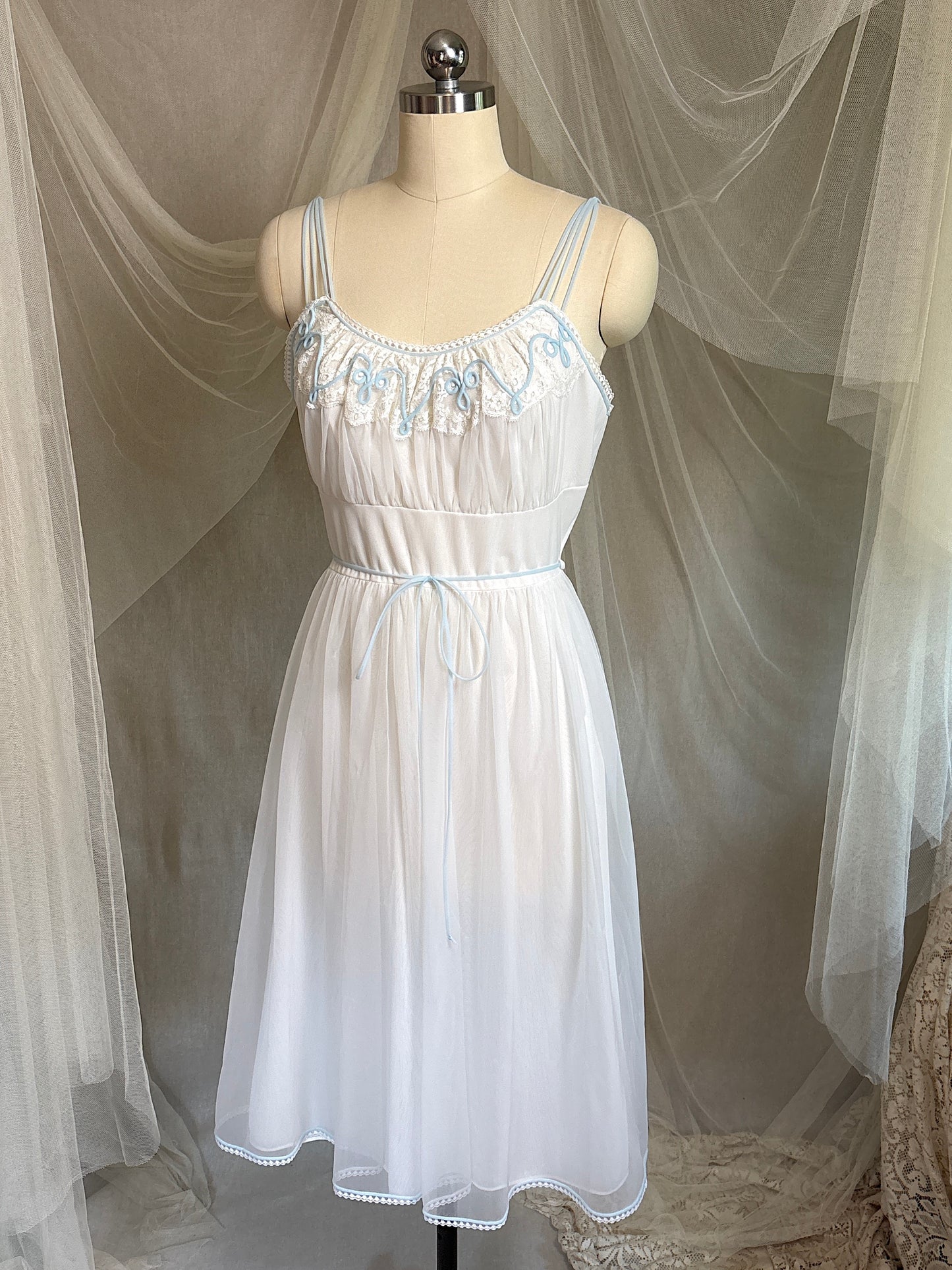 Vintage 1950's - 1960's Babydoll Nightgown - Sheer White Nylon Chiffon with Baby Blue Piping by Gotham | S, M