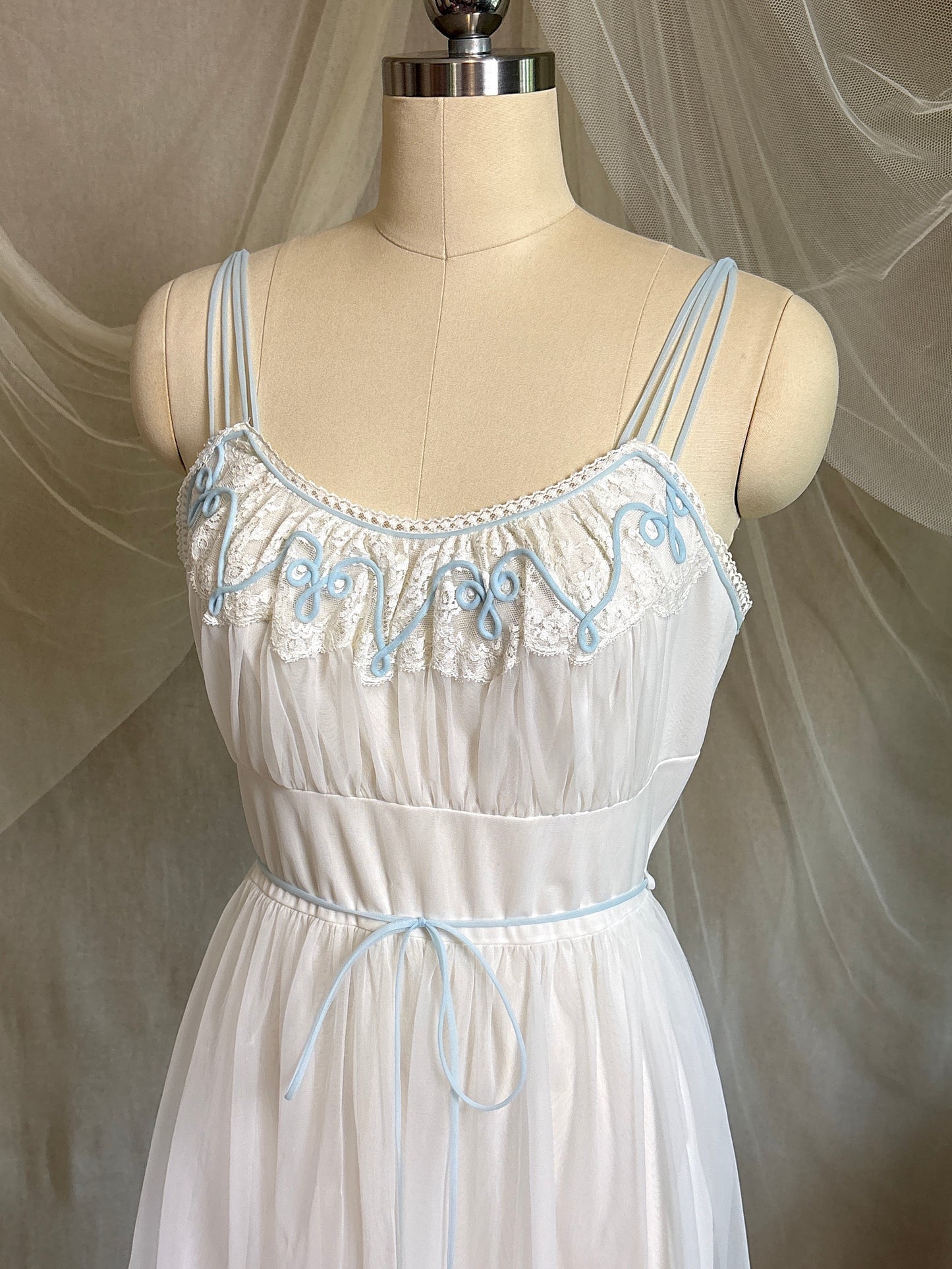 Vintage 1950's - 1960's Babydoll Nightgown - Sheer White Nylon Chiffon with Baby Blue Piping by Gotham | S, M