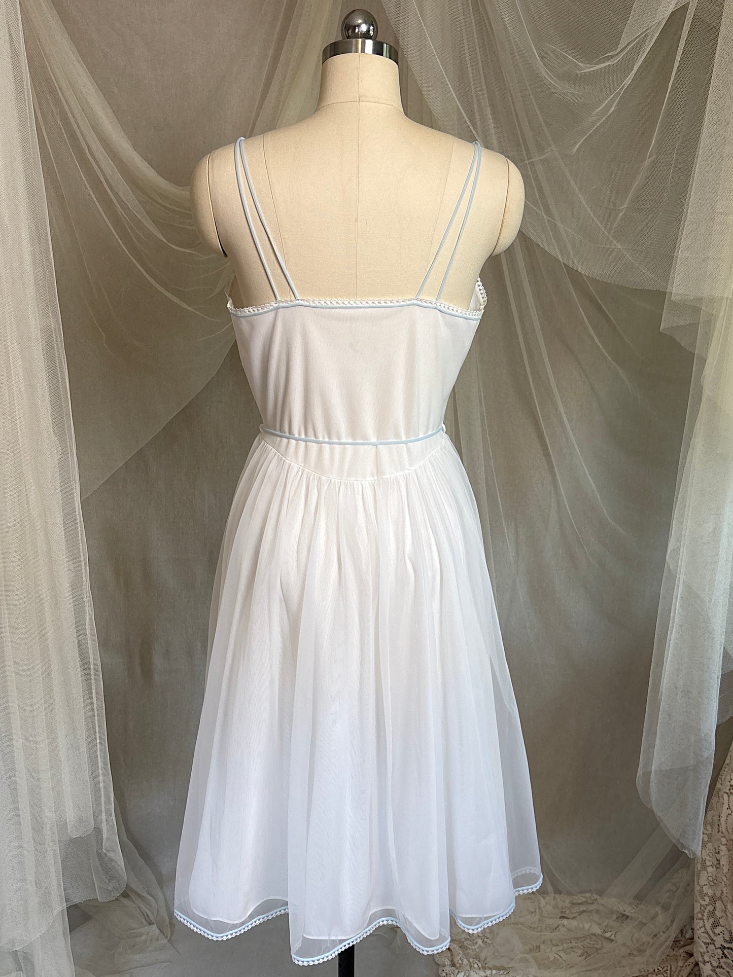 Vintage 1950's - 1960's Babydoll Nightgown - Sheer White Nylon Chiffon with Baby Blue Piping by Gotham | S, M