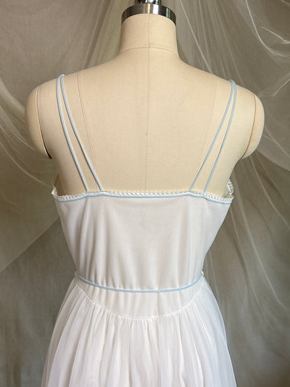 Vintage 1950's - 1960's Babydoll Nightgown - Sheer White Nylon Chiffon with Baby Blue Piping by Gotham | S, M