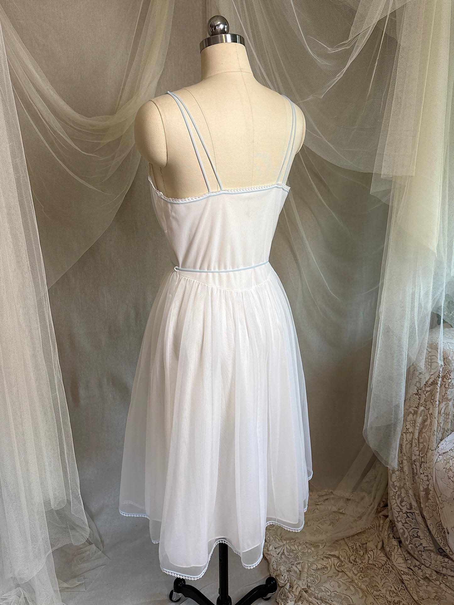 Vintage 1950's - 1960's Babydoll Nightgown - Sheer White Nylon Chiffon with Baby Blue Piping by Gotham | S, M