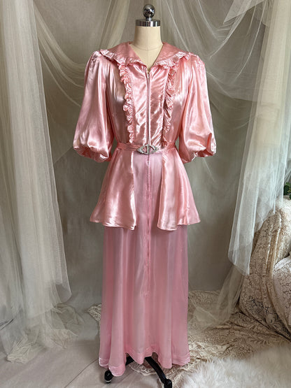 Vintage 1940’s-1950's Dressing Gown - Princess Pink Rayon Satin with Rhinestone Belt | S, M