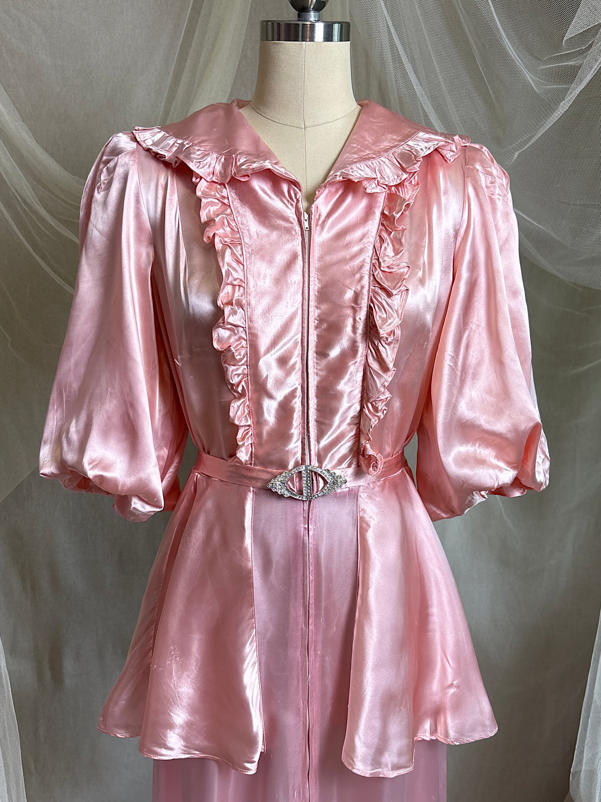 Vintage 1940’s-1950's Dressing Gown - Princess Pink Rayon Satin with Rhinestone Belt | S, M