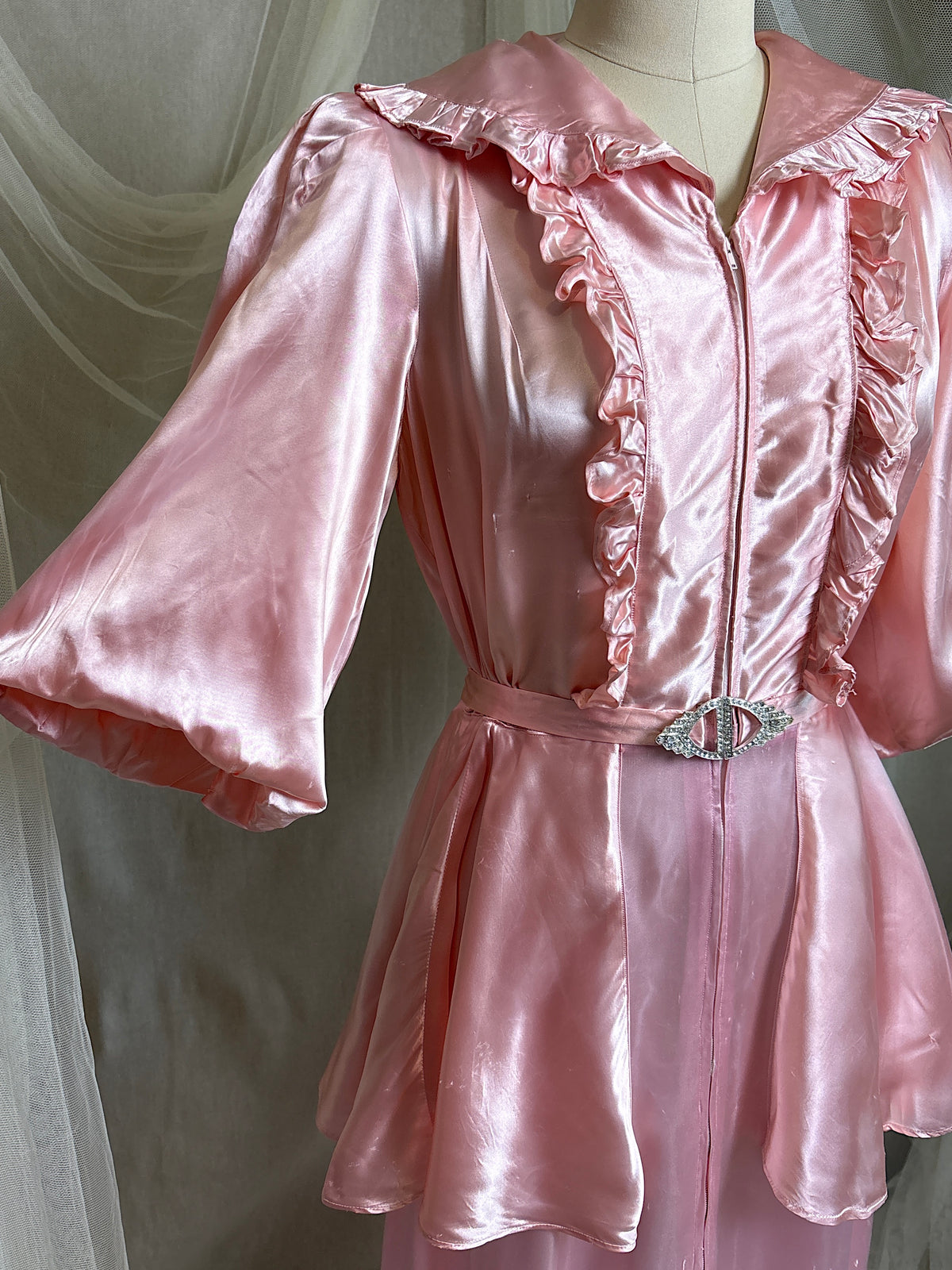 Vintage 1940’s-1950's Dressing Gown - Princess Pink Rayon Satin with Rhinestone Belt | S, M