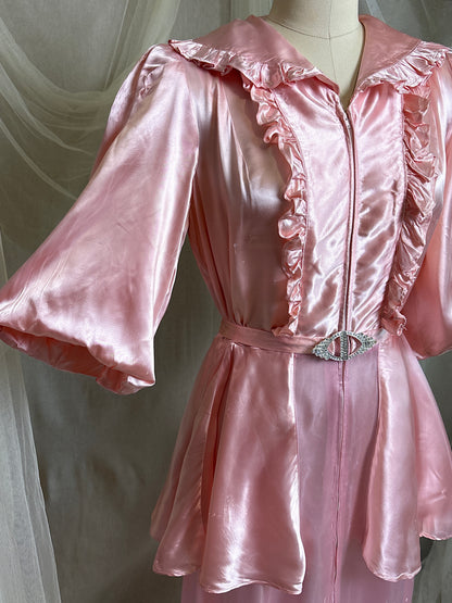 Vintage 1940’s-1950's Dressing Gown - Princess Pink Rayon Satin with Rhinestone Belt | S, M