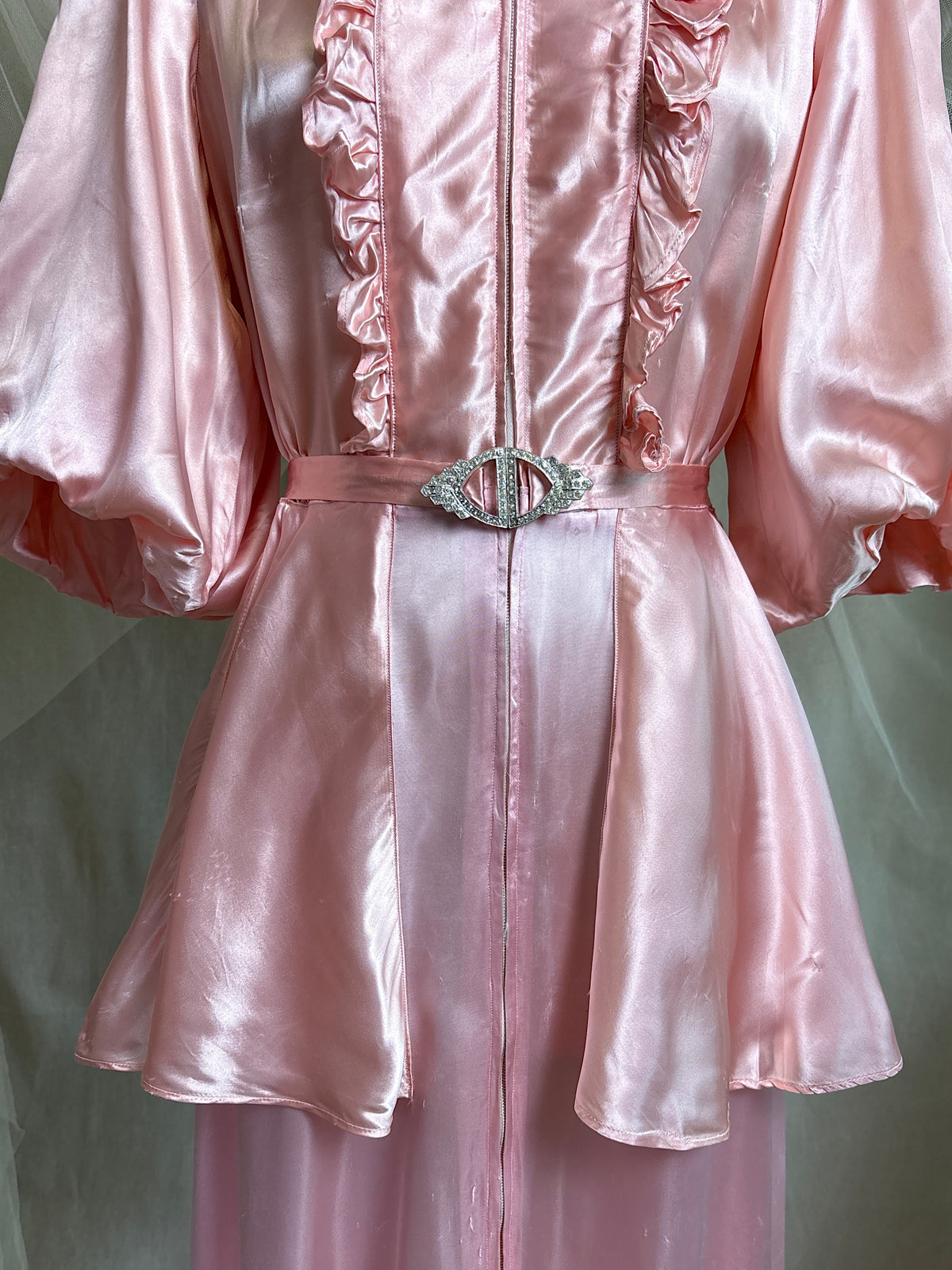 Vintage 1940’s-1950's Dressing Gown - Princess Pink Rayon Satin with Rhinestone Belt | S, M