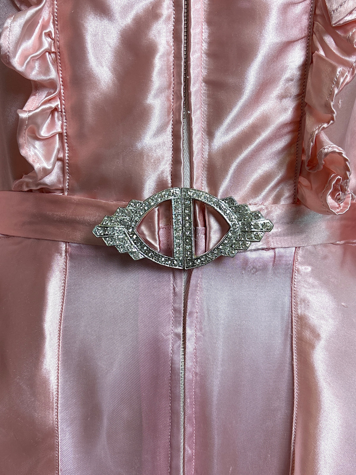 Vintage 1940’s-1950's Dressing Gown - Princess Pink Rayon Satin with Rhinestone Belt | S, M