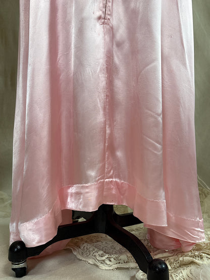 Vintage 1940’s-1950's Dressing Gown - Princess Pink Rayon Satin with Rhinestone Belt | S, M
